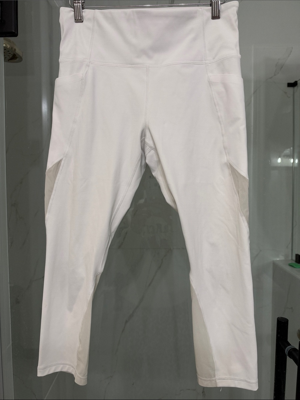 White womens' Active Capri mesh Leggings with pockets